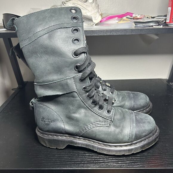 Doc Martens Triumph Tall Fold Boots Black Leather Floral Inside Women’s Size 9 - Picture 1 of 9